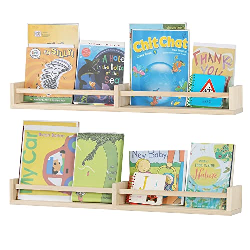 Image of Austin yan Nursery Bookshelves Wall Mounted, 32inch Wood Floating Wall Bookshelf for Kids, Hanging Shelf for Baby Nursery Room Decor Set of 2 Pine