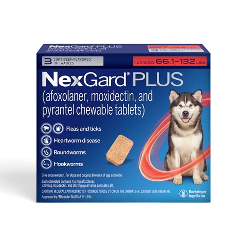 NexGard Plus (afoxolaner, moxidectin, and pyrantel) Flea and Tick Protection & Heartworm Preventive for Dogs Soft Beef Flavored Chewables, 66.1-132 lbs. (Red) 3 Chews (3 Month Supply)