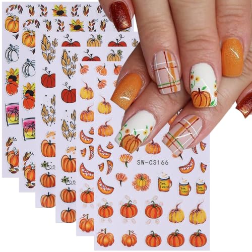 6Sheets Fall Pumpkin Nail Stickers,3D Thanksgiving Day Nail Art Stickers Autumn Maple Leaves Fruit Fallen Leaves Sunflower Design Decals Halloween Holiday DIY Manicure Decoration Accessories
