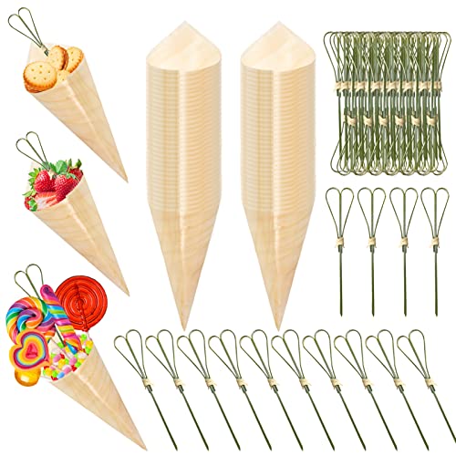 100 Stücke Lebensmittel Kegel Holz kegeltüten hochzeit mit 100 Stücke Bambus Cocktail Picks, DSVENROLY Einweg Holz Spitztüte Vorspeise Finger Lebensmittel Kegel für Snack und Partys Büfette (Beige) Cover