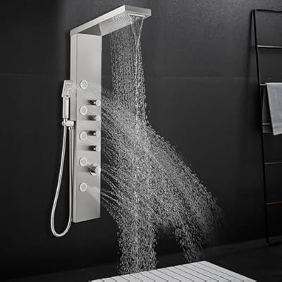 ROVATE Rainfall Waterfall Shower Tower Panel System, 304 Stainless Steel Bathroom Shower Panel Tower with 5 Body Sprays and 3 Sets Handheld Shower, Shower Column Wall Mount, Delicate Brushed Finish