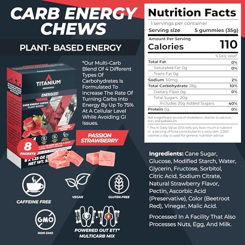 Image of TITANIUM Energy Chews for Running, Cycling - Plant-Based Natural Endurance Energy Gummies to Re Fuel - Energy Supplements - Preworkout Snack Bloks - Faster Than Energy Gels - No Caffeine - 8 Count