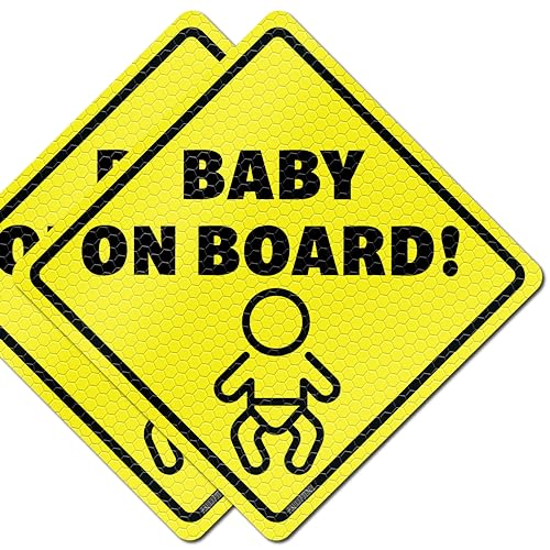 Image of Baby On Board Signs for Cars - Reflective Magnet Sign for Bumper - 2 Pack, 5.5” by 5.5” - Magnetic Sticker Safety Signs, Cute Baby in Car Accessories