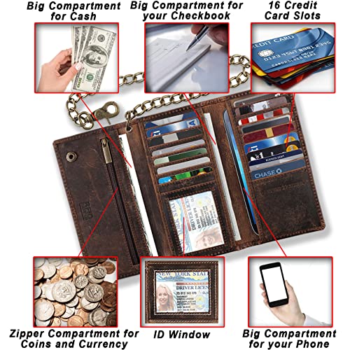 F&L CLASSIC RFID Blocking Mens Tri-fold Long Style Cowhide Leather Steel Chain Wallet,buffalo vintage leather3