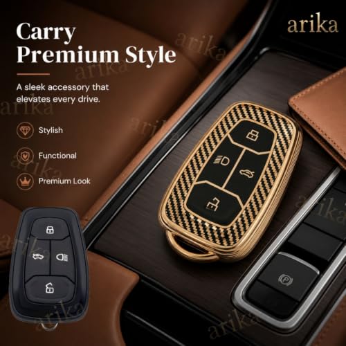 Image of arika Key Cover Compatible with Tata Harrier | Safari | Nexon | Altroz | Tigor | EV | Punch | Tiago EV Electric - 4 Button Smart Key , Imperial Gold Carbon Series