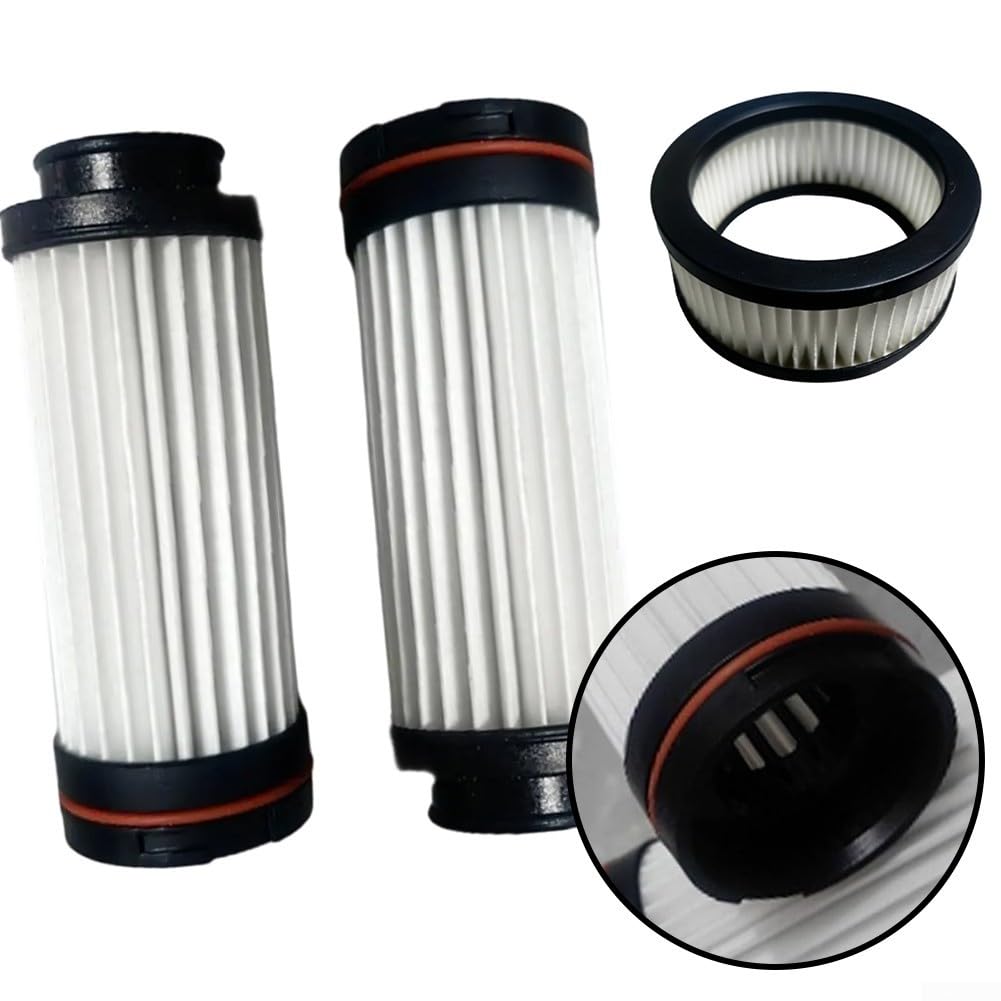 Two cylindrical pre-filters and one circular motor filter, with a close-up of the pre-filter's end cap.