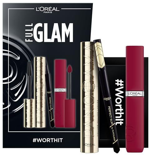 L'Oréal Paris Make-up Set mit Wimperntusche, Eyeliner und Lippenstift, Volume Million Lashes Mascara (schwarz), Infaillible Matte Resistance (rot), Superliner Perfect Slim (schwarz), 3-teilig