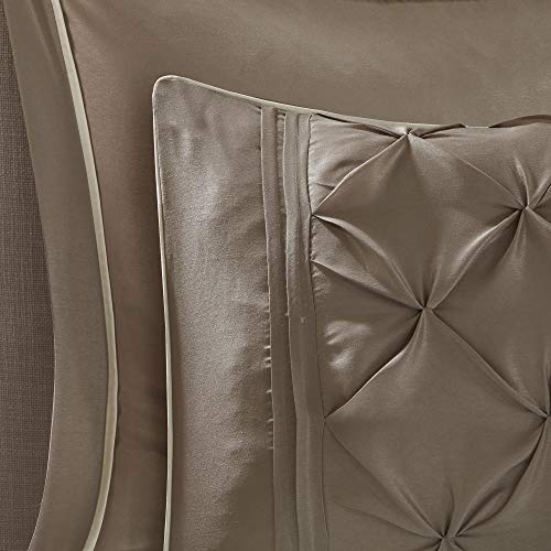 Image of Madison Park Essentials Room in a Bag Faux Silk Comforter Set - Luxe Diamond Tufting All Season Bedding, Matching Curtains, Decorative Pillows, Taupe King(104 inchx92 inch) 24 Piece