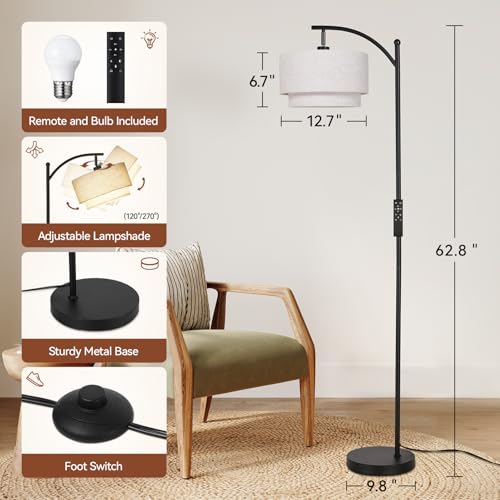 Image of SUNMORY Arc Floor Lamps for Living Room with 12W Remote and Dimmable Bulb | Modern Floor Lamps with Adjustable Double Fabric Shades Shades, LED Lamp, Boho Standing Lamp for Bedroom, Corner, Home Decor