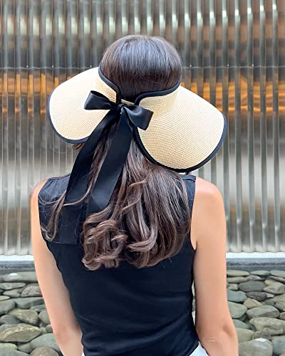 Camptrace Sun Visors For Women Wide Brim Beach Hat Upf 50+ Foldable Straw Visor Hat Ponytail Summer Packable Beige #TOP7