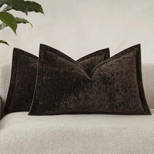 vivrudil Decorative Chenille Luxury Throw Pillow Covers with Wide Edge, Textured Lumbar Pillowcases, Soft Velvet Cushion Cover Home Décor for Couch Sofa Chair Living,12×20 Inch, Set of 2, Dark Brown