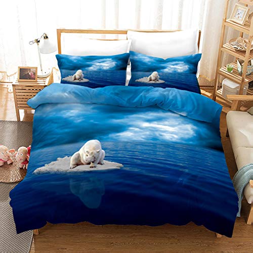 KAABUN Housse De Couette avec Taies d'oreiller Bleu océan Ours Polaire 260X240Cm Housse Couette en Microfibre + 2 X Taies Oreiller 65X65cm Et pour Garçons Et Filles Cover