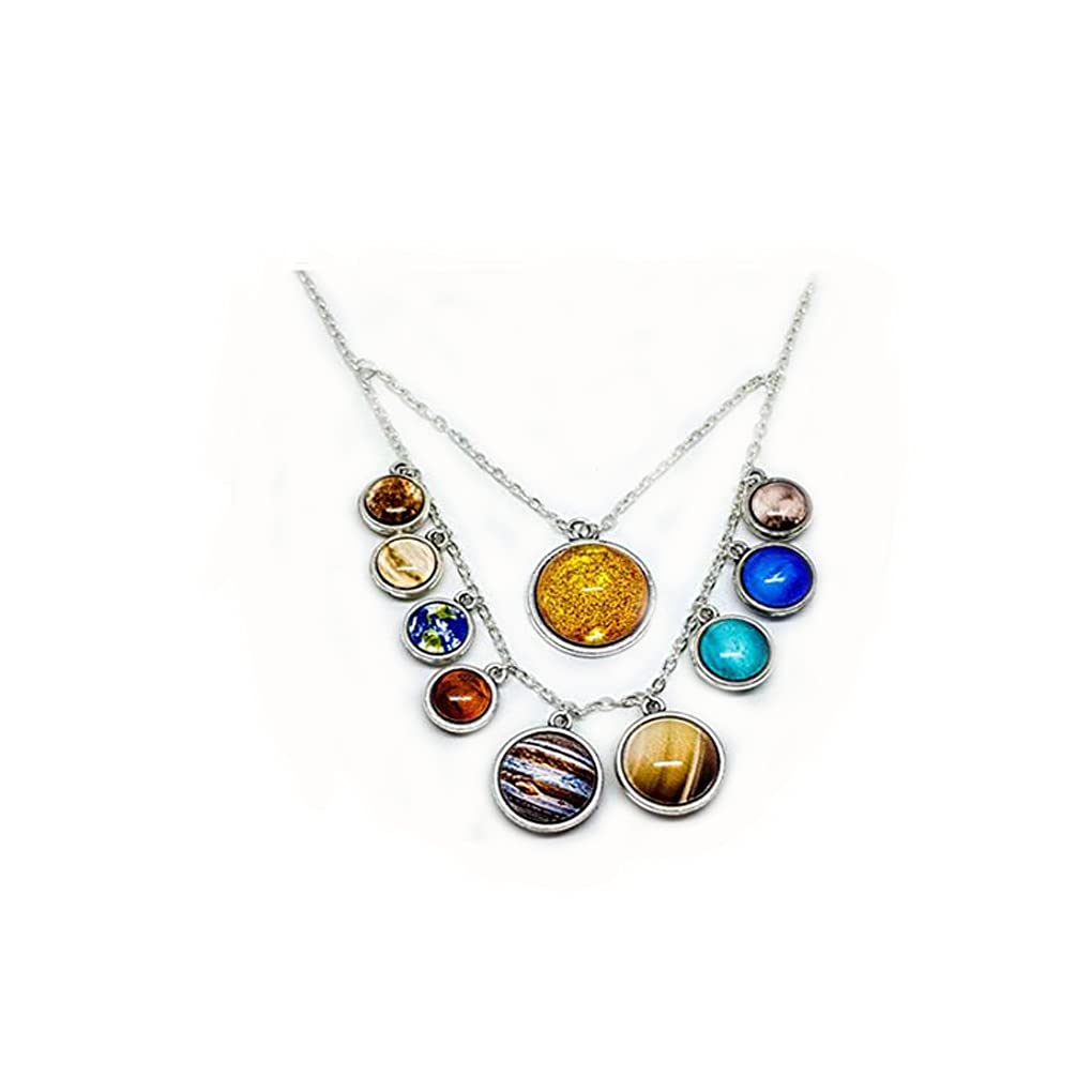 Double sided Solar system necklace ，with Pluto Sun ，Unique All Planets necklace， Statement layered Space Planets jewelry，