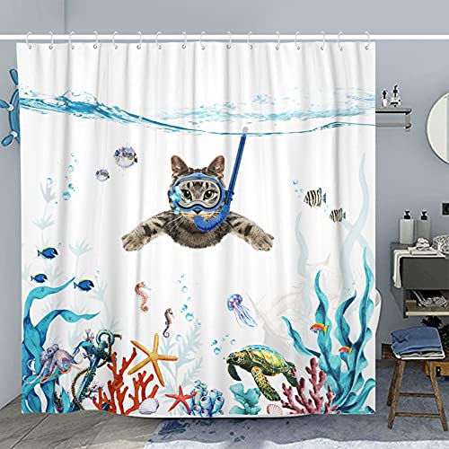 Fowocu Funny Cat Shower Curtain Set Teal Blue Sea Ocean Waterproof Fabric Curtains With Animal Octopus Starfish Turtle Anchor Fish Nautical Bathroom Decor (Blue, 72''×72'') #TOP1