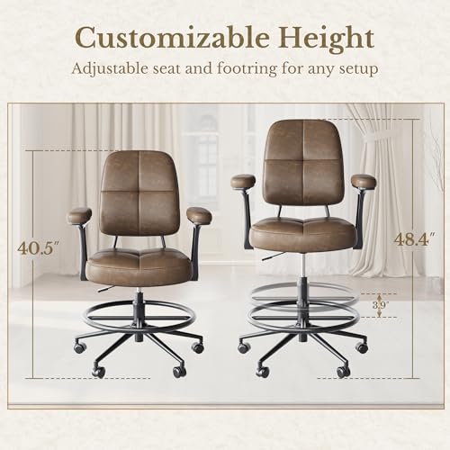 Image of Drafting Executive Chair, Tall Office Chair with Padded Flip-Up Armrests, Mid-Back Cushioned Seat, 360 Swivel Rolling Computer Desk Chair for Standing Desk & Home Office, Vintage Brown
