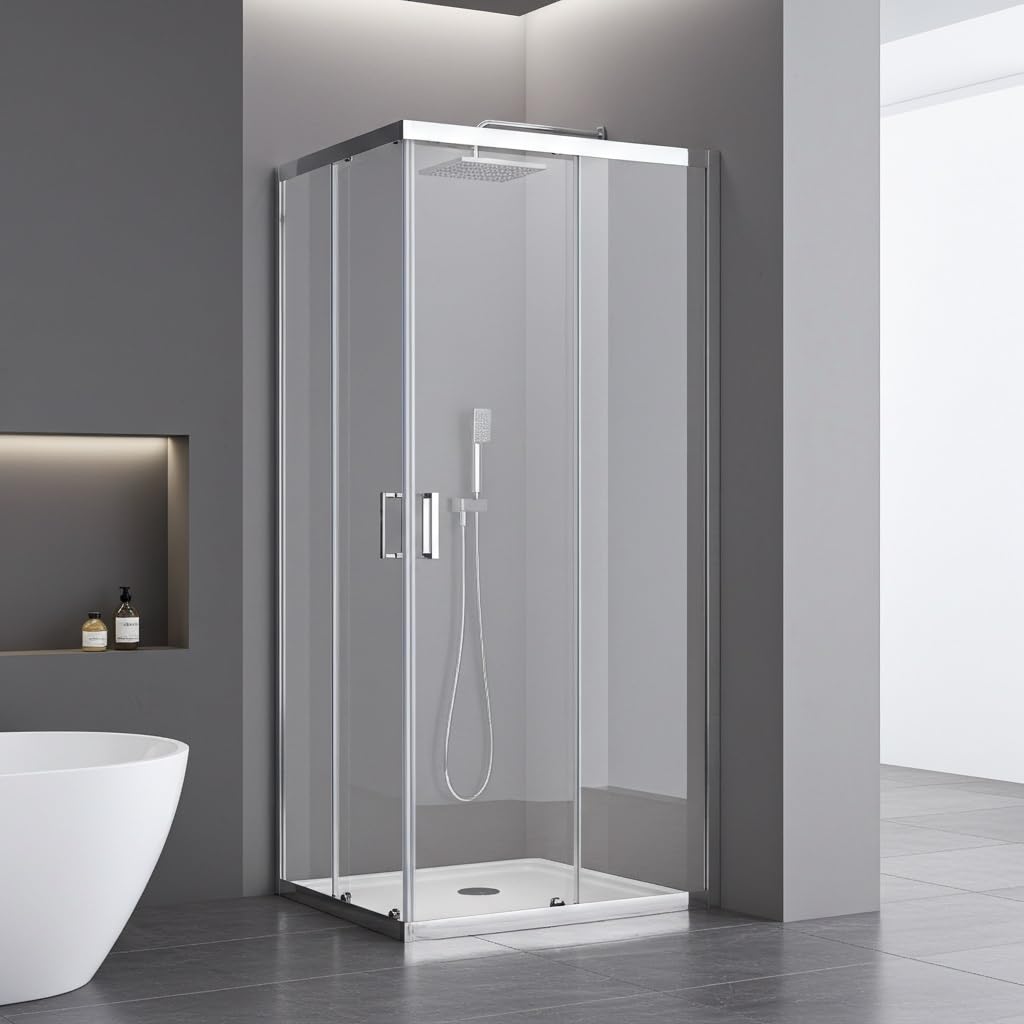 Box Doccia Angolare, Vetro Temperato Trasparente 6mm, 2 Porte Scorrevoli, Profili Cromati, Altezza 190 cm, Chiusura Magnetica (70x70)