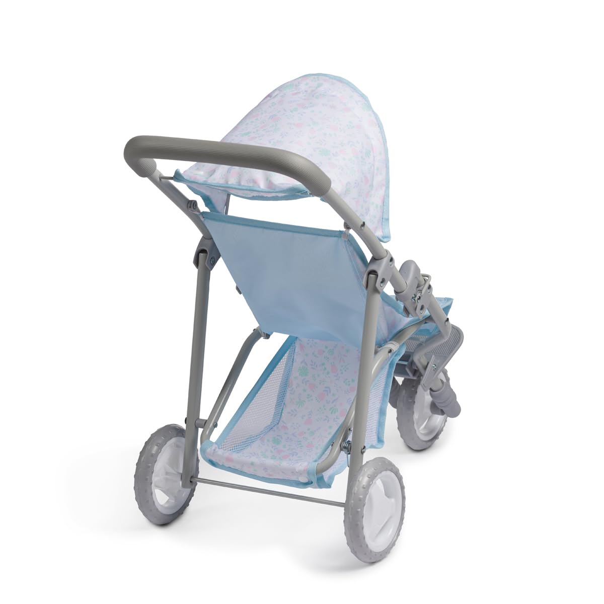 JC Toys Poussette Pliable à 3 Roues, pour poupées jusqu'à 45 cm, avec Panier et Capote, idéale pour Jouer et se Promener, Bleu avec décoration Florale, conçue par Berenguer, +3 Ans