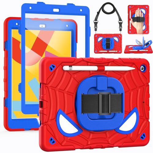 Grifobes for iPad 9th/8th/7th Generation Case 2021/2020/2019(10.2 inch) Full Protection with Screen Protector/Pencil Holder/Stand Hand/Shoulder Strap for i Pad 9/8/7 Cover Red+Blue