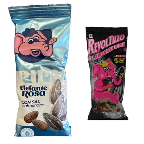Pipas El Elefante Rosa Pack de 20 Unidades - Delicioso Snack y Aperitivo - 15 Pipas Tostadas con Sal y 5 Revoltillo - Pipas de Girasol con Almendra y Coctel Revoltillo