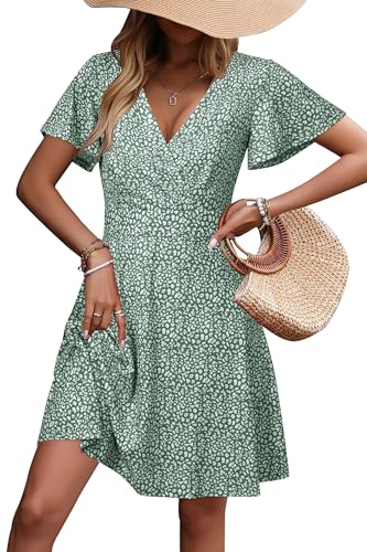 STYLEWORD Sommerkleid Damen Kurzarm V-Ausschnitt Kleid Blumenmuster A Linie Strandkleid Midi Wickelkleid mit Taschen,M