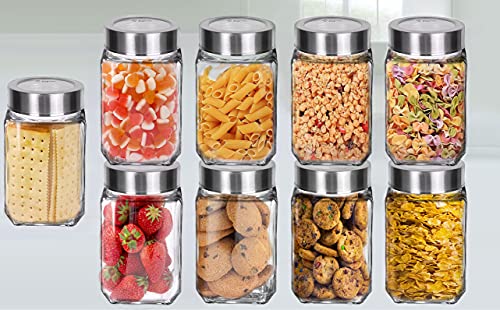 Image of Brezzycloud Piraml Glass Cubical Square 300ml Transparent Glass Jars & Containers for Kitchen Pantry, Snacks, Jams, Pickles, Cookies, Dry Fruits, Coffee Beans Storage with Lid (300ml, Set Of 9)