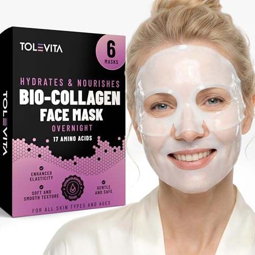 Image of TOLEVITA Bio-Collagen Hydrogel Face Mask - Hydrating & Nourishing Mask with Niacinamide, Galactomyces & Hyaluronic Acid - 6 Pack, Improves Elasticity & Softens Skin (White)