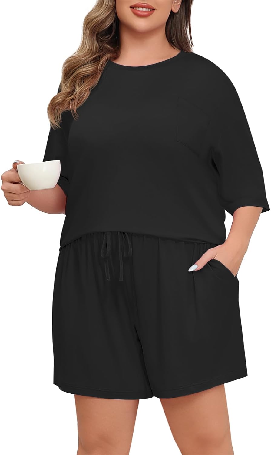 Lastshe Womens Plus Size Pajama Set 2 Piece Soft Short Sleeve with Pockets Summer Shorts Sleepwear Knit Pjs Lounge Set - Image 3