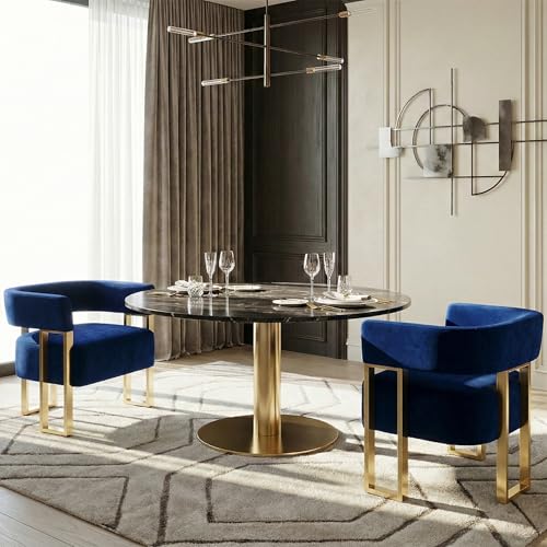 Image of Velvet Dining Chairs Set of 2, Blue Upholstered Accent Armchairs, Gold Legs