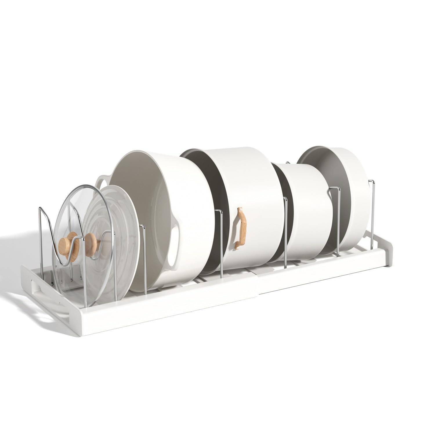 Beruyu Expandable Pot and Pan Organizer Rack for Cabinet, Pot Lid Organizer Holder with 7 Stainless Steel Adjustable Dividers for Kitchen Cabinet Organizer and Storage (White)