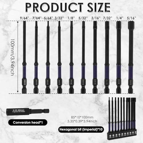 21Pcs Impact Hex Head Allen Wrench Drill Bit Set, Metric & SAE Sizes, Magnetic Tips, Quick Release, S2 Alloy Steel, Purple, Wrench Set - Image 5