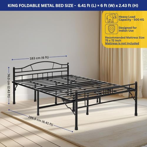 Image of DELITE KOM Lyra Foldable Metal Bed | King Size (6.4ft x 6ft) | Portable | No Installation | Strong Steel Frame | Powder Coated | Heavy Load | for 75 inchx72 inch Mattress | Glossy Black | 1 Year Warranty