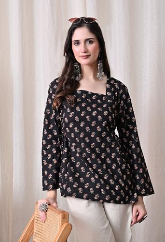 Image of MEERA FAB Women's Floral Printed Cotton Short Kurta Square Neck | Floral Printed Kurta with Full Sleeves | Short Kurti for Women