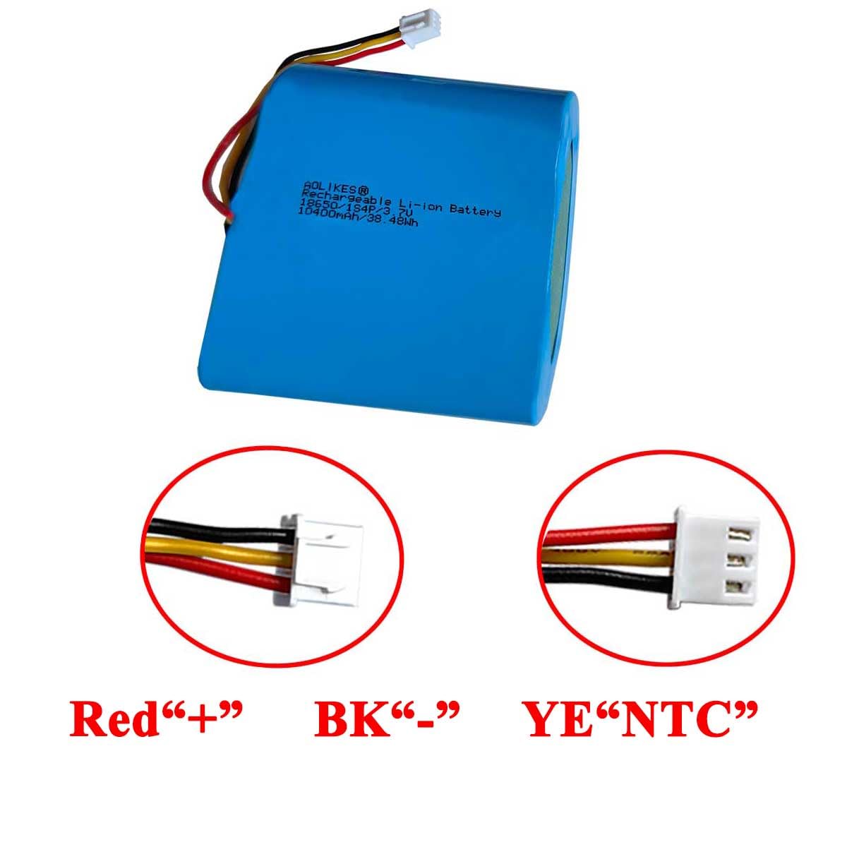 AOLIKES Batterie lithium-ion rechargeable 18650 1s4p 10400 mAh 3,7 V avec connecteur XH2,54/3P / cellules 5C / Straight / Prend en charge la charge rapide