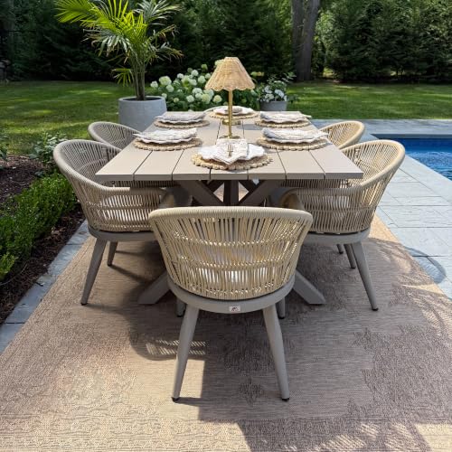 Image of PURPLE LEAF 7 Pieces Patio Dining Set with Outdoor Aluminium Dining Table and Woven Rattan Chairs Modern Metal Furniture Cushions Sets for Garden Yard Indoor Decor Kitchen Champagne