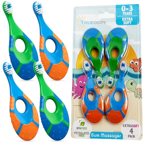 Image of Baby Toothbrush 12 months and up - Toddler Toothbrush - Soft Bristles - Child Sized Brush Heads - infant toothbrush - Kids Tooth Brush - Easy Storage - BPA Free - Boy Set (4-Pack, Green, Orange, Blue)