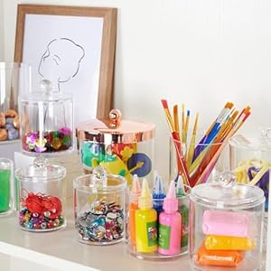 6 pack qtip dispenser apothecary jars bathroom with labels qtip holder storage canister clear plastic acrylic jar for cotton ballcotton swabcotton roundsfloss picks hair clips clear  urban country home decor