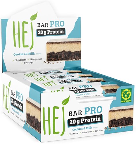 HEJ – Bar Pro Cookies & Milk 12x60g – Proteinriegel mit 20g Protein pro Riegel – Low Sugar Eiweißriegel – Vegetarisch & ohne Palmöl – Ohne Zuckerzusatz & ohne künstliche Aromen