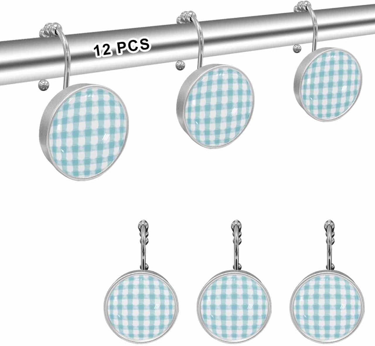 Shower Curtain Hooks,Stainless Steel Shower Curtain Rings with Rustic Farmhouse Blue Watercolor Lattice Crystal Glass Design Rust-Resistant Decorative Shower Curtain Hooks for Bathroom 12PCS