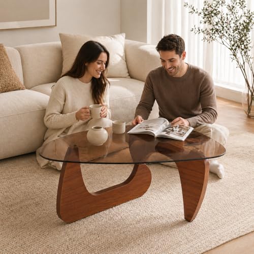 Image of 35.8 inch Glass Coffee Table, Modern Coffee Tables for Living Room, Organic Round Coffee Table with Smoked Tempered Glass Top and Walnut Finish Wood Base, Small Center Table, Mesa de Centro para Sala