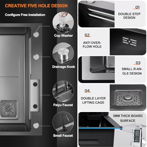 JKSVTF 31.5in Kitchen Sink,Flying Rain Waterfall Stainless Steel Sink, Drop in Workstation Single Bowl Sink, with Pull-Out Faucet, Pressurized Cup Washer,72x45x21cm