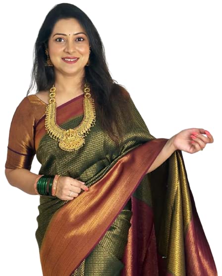 Flosive Women's Present Banarasi Soft Lichi Silk Saree Beautiful Jacquard Rich Pallu Design Work Zari Woven Kanjivaram Silk Style Saree With Soft Lichi Silk Blouse Piece Ayn Royal G Green & Maroon