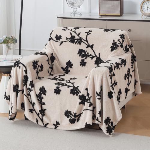 Image of HOKIPO Luxury Plush Sofa Cover Throw for 1 Seater Sofa | Soft Sofa Throw for Complete Sofa Protection, 'Noirea Series' Botanical Vine (180x180 cm) (AR-6651-D5)