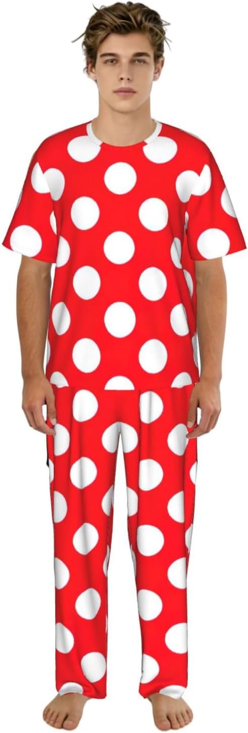 Men'S 2 Piece Loungewear Pajama Set Cute Polka Dot Print Short Sleeve Tee Top And Pants Set S-3xl