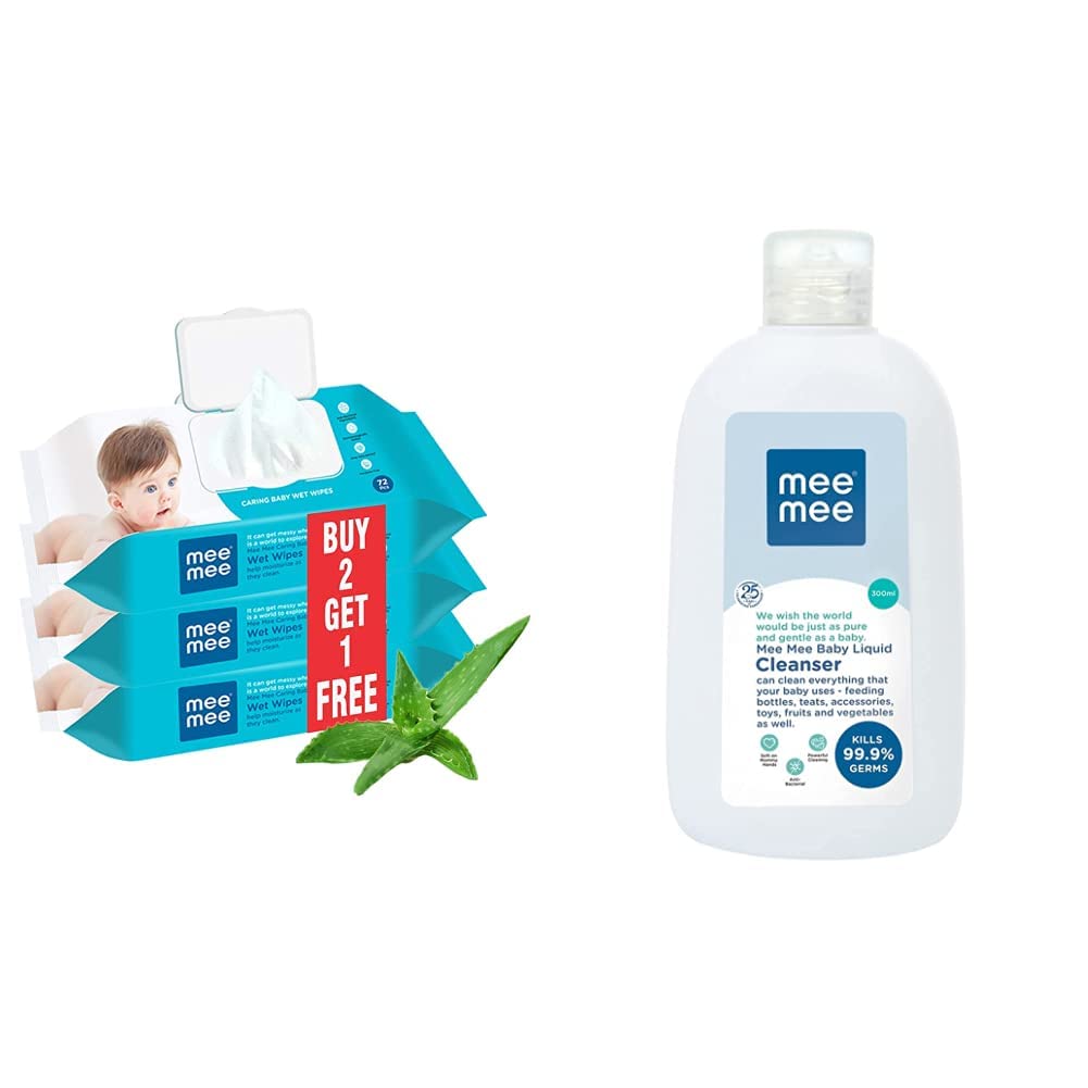 Mee Mee Caring Baby Wet Wipes with lid, 72 Pcs (Aloe Vera, Pack of 3) & Mee Mee Anti-Bacterial Baby Liquid Cleanser (300 ml - Bottle)-image-35