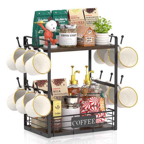 EsLuker.ly 2-Tier Mug Stand Rack, Brown-Black