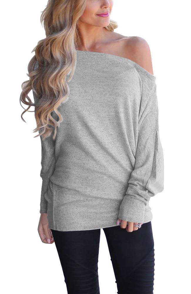 Lacozy Womens Off Shoulder Long Sleeve Oversized Pullover Sweater Knit Jumper Loose Tunic Tops