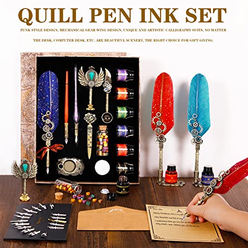 Nc Quill Pen Ink Set, Including Quill Pen, Glass Pen, Wooden Pen, 6 Bottles Of Ink, 17 Replaceable Nibs, Pen Holder, Seal, Wax Beads, White Wax, Spoon, Envelopes, Letter Paper, Etc. Art Gifts (Blue) #TOP5