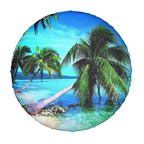 Image of Tropical Palms Trees Navy Blue Ocean Beach Spare Tire Cover Dust-Proof Wheel Tire Cover Fit Trailer, RV, SUV and Many Vehicle 16 Inch
