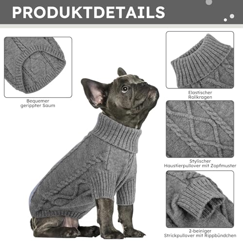Queenmore Hundepullover Kleine Hunde Wärme Dackel Hundepulli Strick Pullover Hund Strickmantel Mit Zopfmuster Hundepullover Französische Bulldogge Bulldog Chihuahua Katzen Corgi, Dunkelgrau, Xs