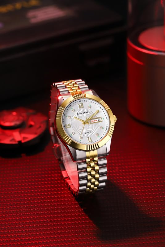 Image of Giordano Classic Analog Quartz Watch for Men with Textured Dial, Fluted Bezel, Day & Date Display & Two-Tone Stainless Steel Strap